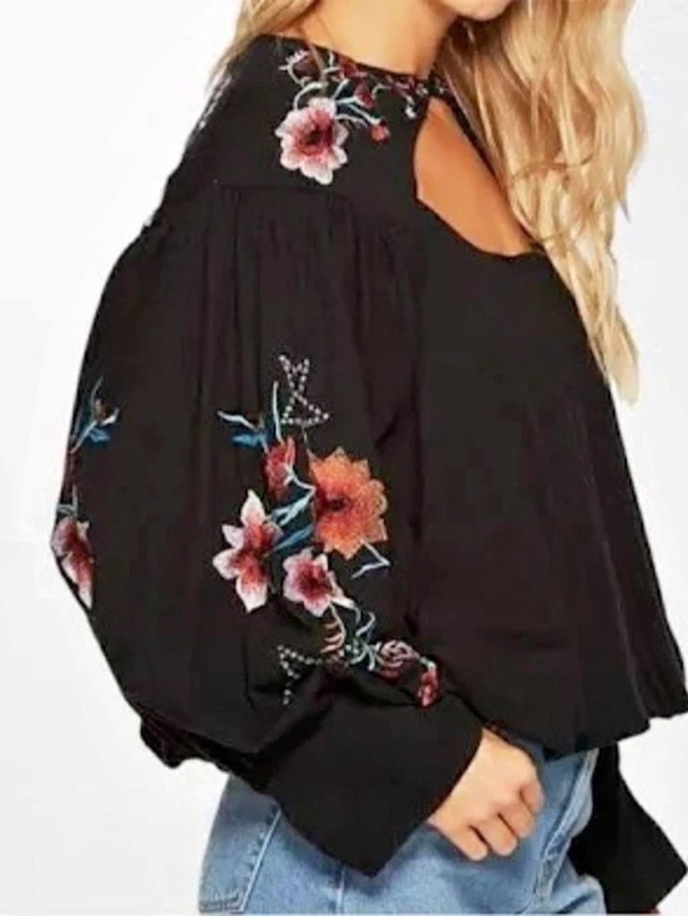 Free People Embroidered Top Blouse Black & Red Large